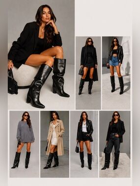 Foldover Black Knee High Boots Pointed Toe Chunky Heel Side‎ Zip EU 40 US 9/9.5